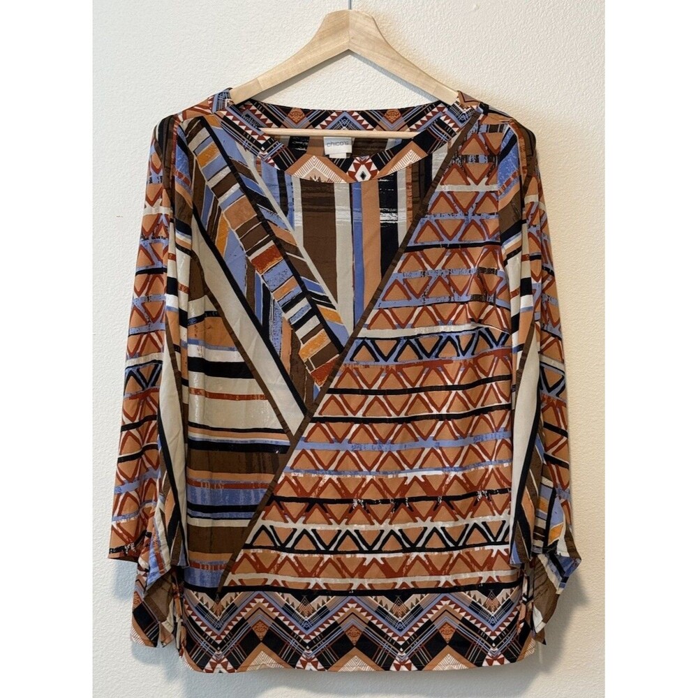 Chico's Tunic Top Size Large 2 Rust Tribal Print Boat Neck Boho Business Casual